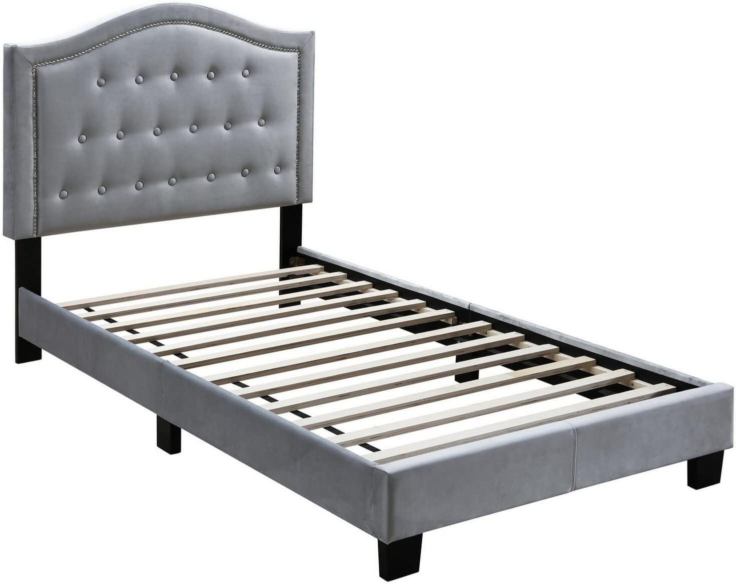 Benjara BM232025 Curved Headboard with Button Tufted Twin Velvet Bed, Gray
