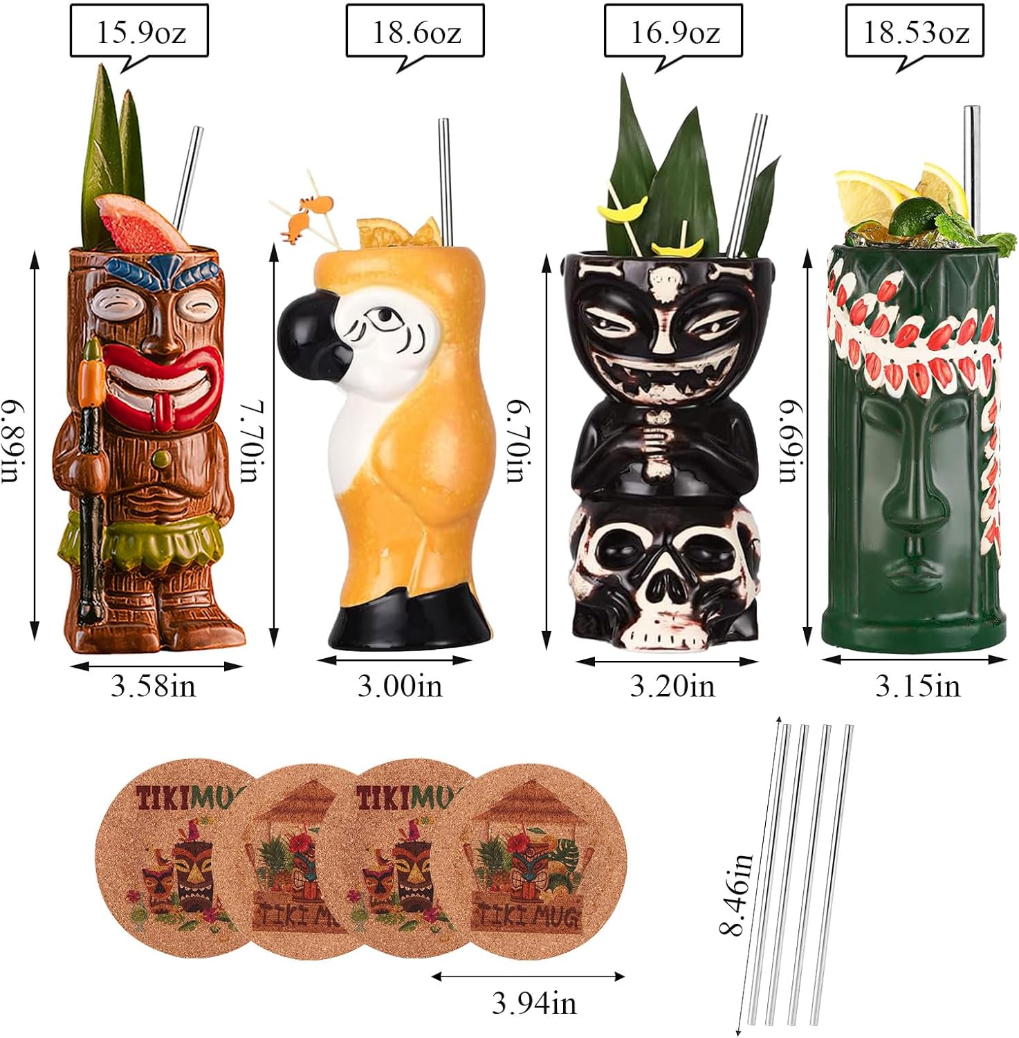 Tiki Mugs for Cocktail Set of 4 - Ceramic Tiki Glasses with Straws and Coasters? Exotic Cocktail Glasses for Hawaiian Party,Tropical Drinkware for Mai Tai, Luaus, and Tiki Bars.
