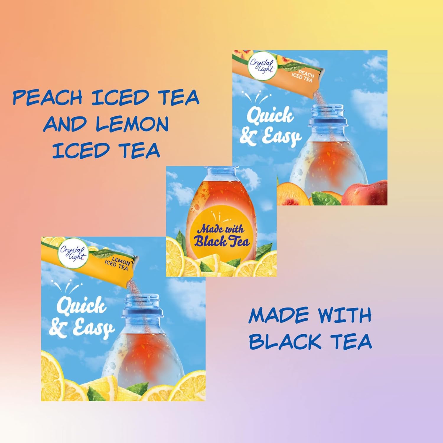 Crystal Light Tea Variety Pack Peach Iced Tea, Lemon Iced Tea, Raspberry Green Tea and Peach Mango Green Tea 1 Box Each (4 Pack) Powdered Drink Mix 40 Total Packets Bundle with Drink Pouch and Straw