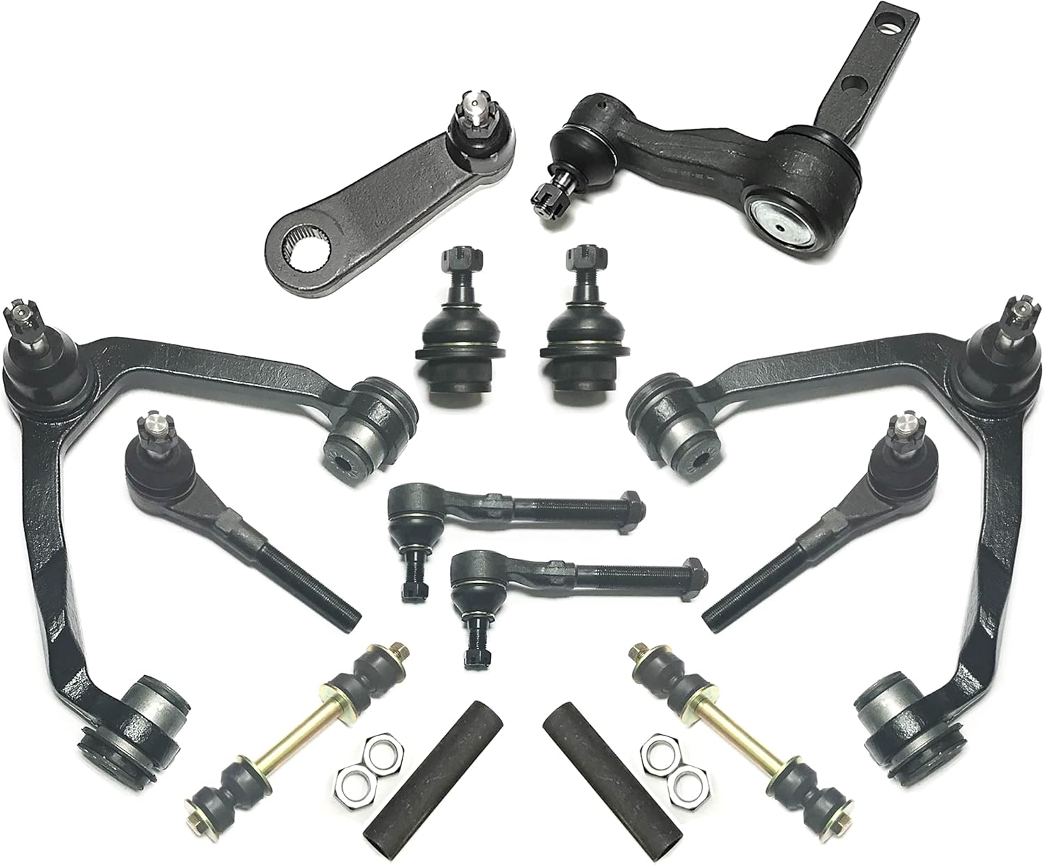 14 Pc Front Upper Control Arm, Lower Ball Joints, Idler & Pitman Arms, Tie Rod Ends + Suspension Kit Compatible with 4WD Models Only