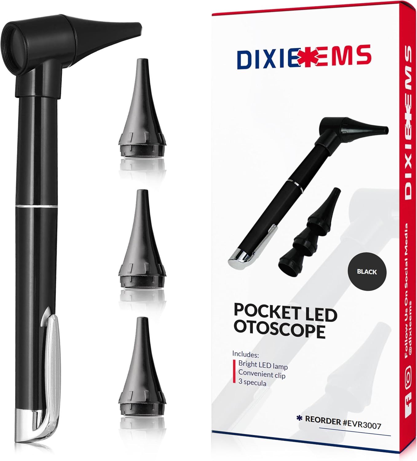 Dixie Ems Basic Medical Pocket Size Otoscope with LED Light, Clip and 4 Specula Sizes for Students, EMTs, Nurses, Doctors, and Vets