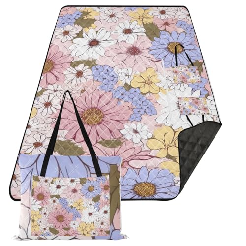 Daisy Flowers Colorful Picnic Blanket Waterproof Foldable Outdoor Beach Blankets Sandproof Picnic Mat Extra Large Camping Blanket for Camping Hiking Travel Park Concerts, 60x80 in