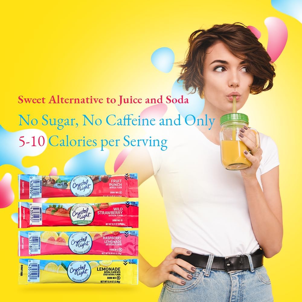 Generic Crystal Light Lemonade, Fruit Punch, Raspberry Lemonade & Wild Strawberry Sugar-Free Powdered Drink Mix Variety Pack, 60 Count With 25 Straws, Fits 16.9 oz Bottles