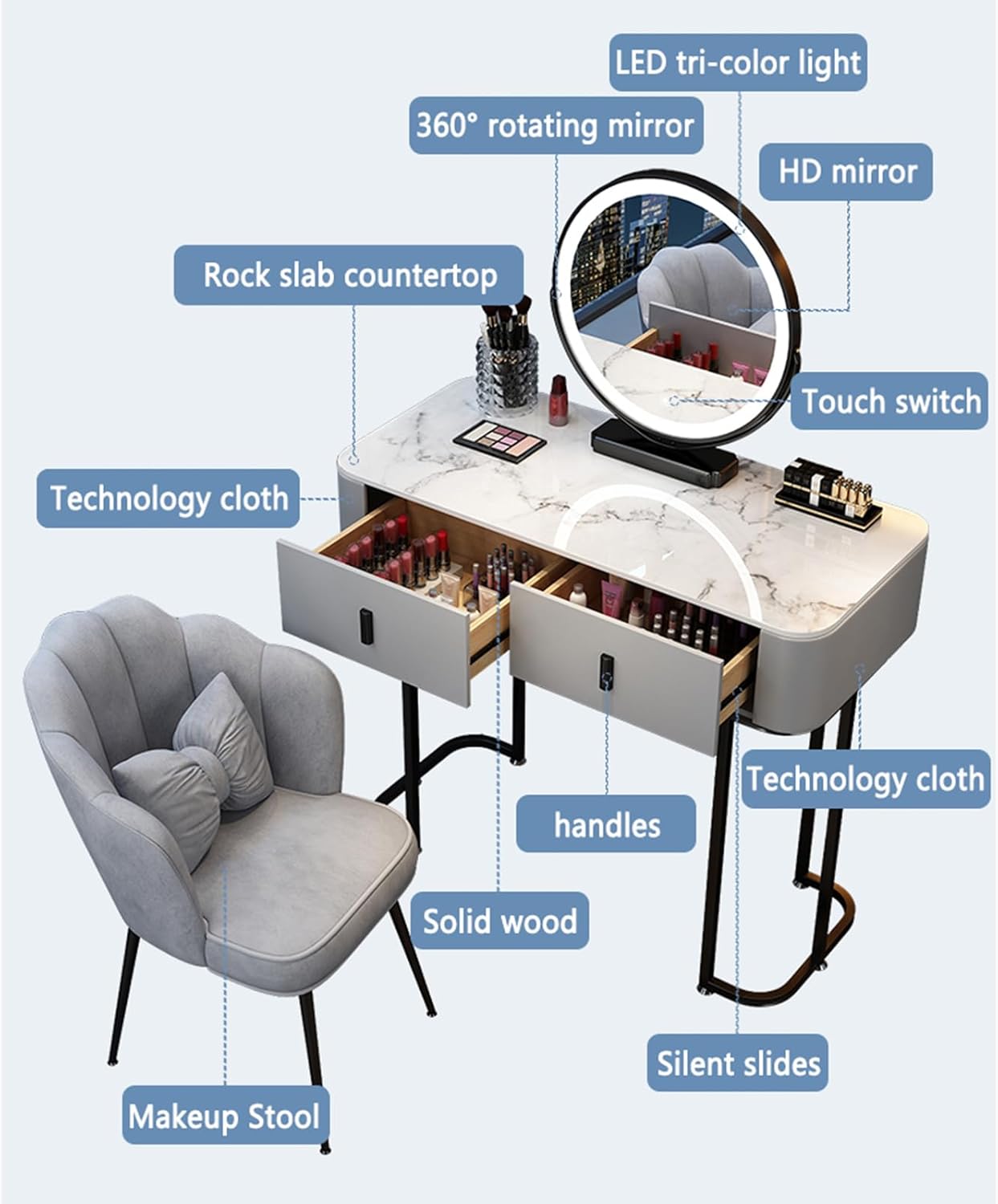 Luxury Vanity Table with Drawers - Bedroom Vanity Desk Set with Chair & LED Smart Makeup Mirror, New Makeup Experience Dressing Table for Her
