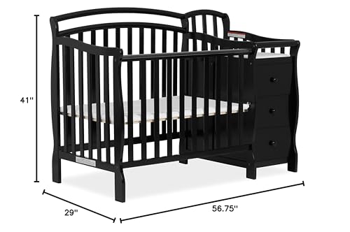 Casco 3-In-1 Mini Crib And Changing Table In Espresso, Convertible Crib, Made Of Pinewood, Three Position Adjustable Mattress Height Settings