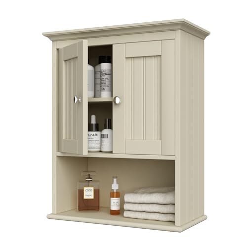 Treocho Wood Wall Cabinet Bathroom Medicine Cabinet Storage with Doors and Adjustable Shelf Wall Mount for Bathroom, Livingroom, Kitchen, Cupboard, Black