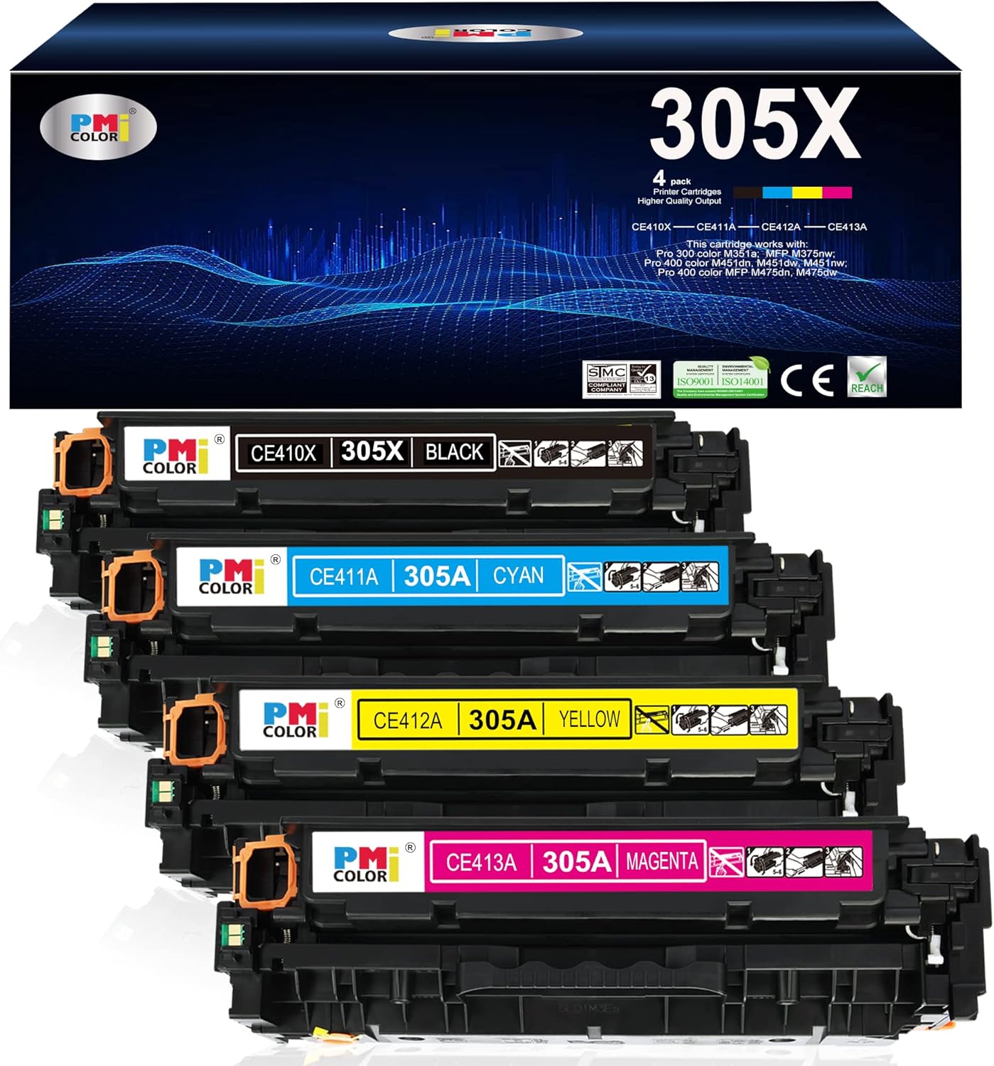 305A 305X Toner Cartridges 4 Pack Replacement for HP Laserjet Pro 400 Color M451dn M451nw M451dw MFP M475dw M475dn Pro 300 M375nw (Black,Cyan, Magenta, Yellow)
