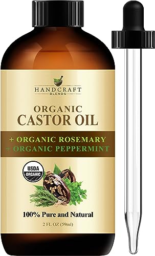 Handcraft Blends Organic Castor Oil with Organic Rosemary and Organic Peppermint Oil in Glass Bottle - 2 Fl Oz - 100% Pure and Natural - Premium Grade Oil for Hair Growth, Eyelashes and Eyebrows