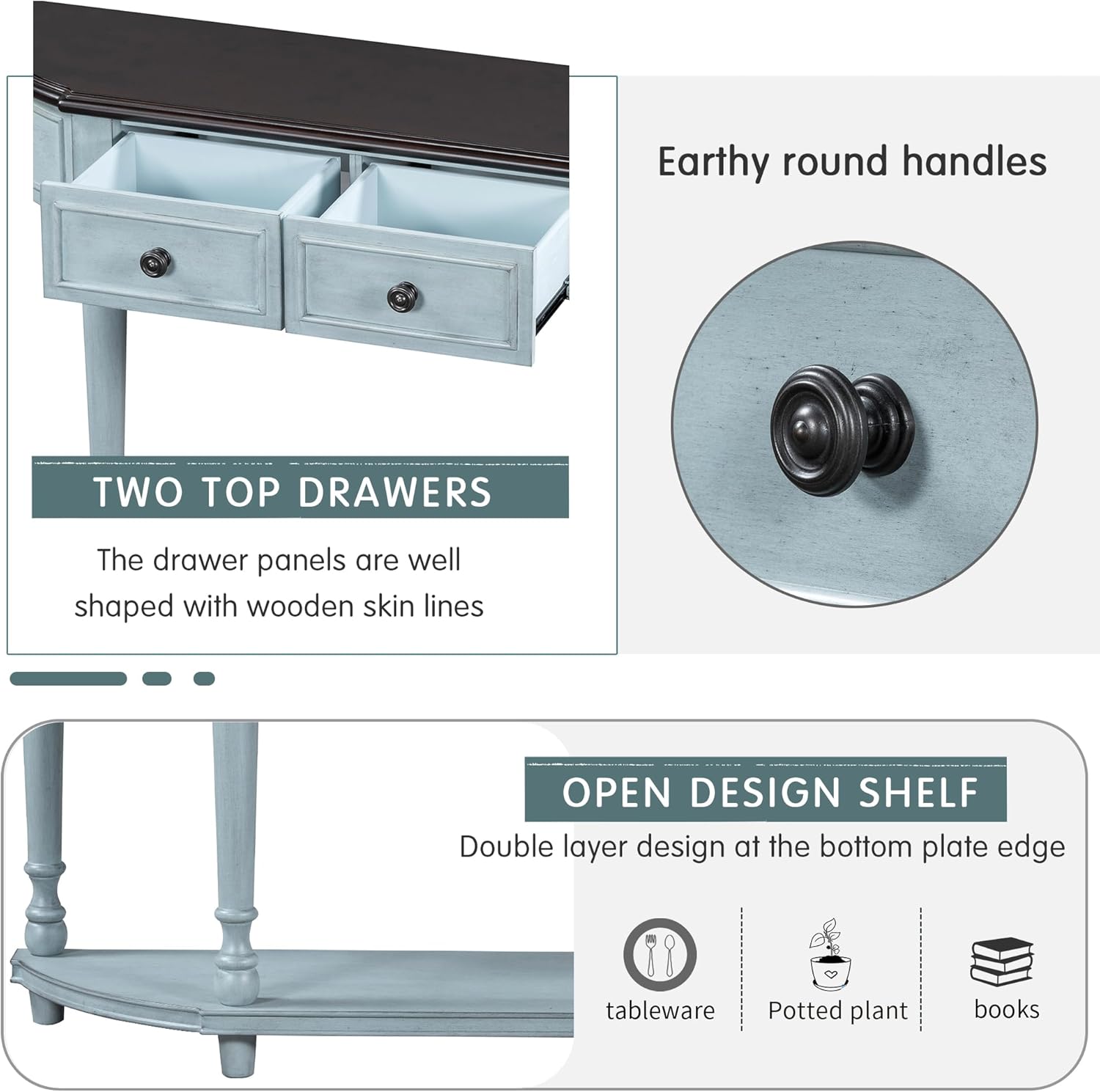 Retro Circular Curved Design Console Table with Open Style Shelf Solid Wooden Frame and Legs Two Top Drawers (Cherry + Antique Blue, OLD SKU: WF298768AAC)