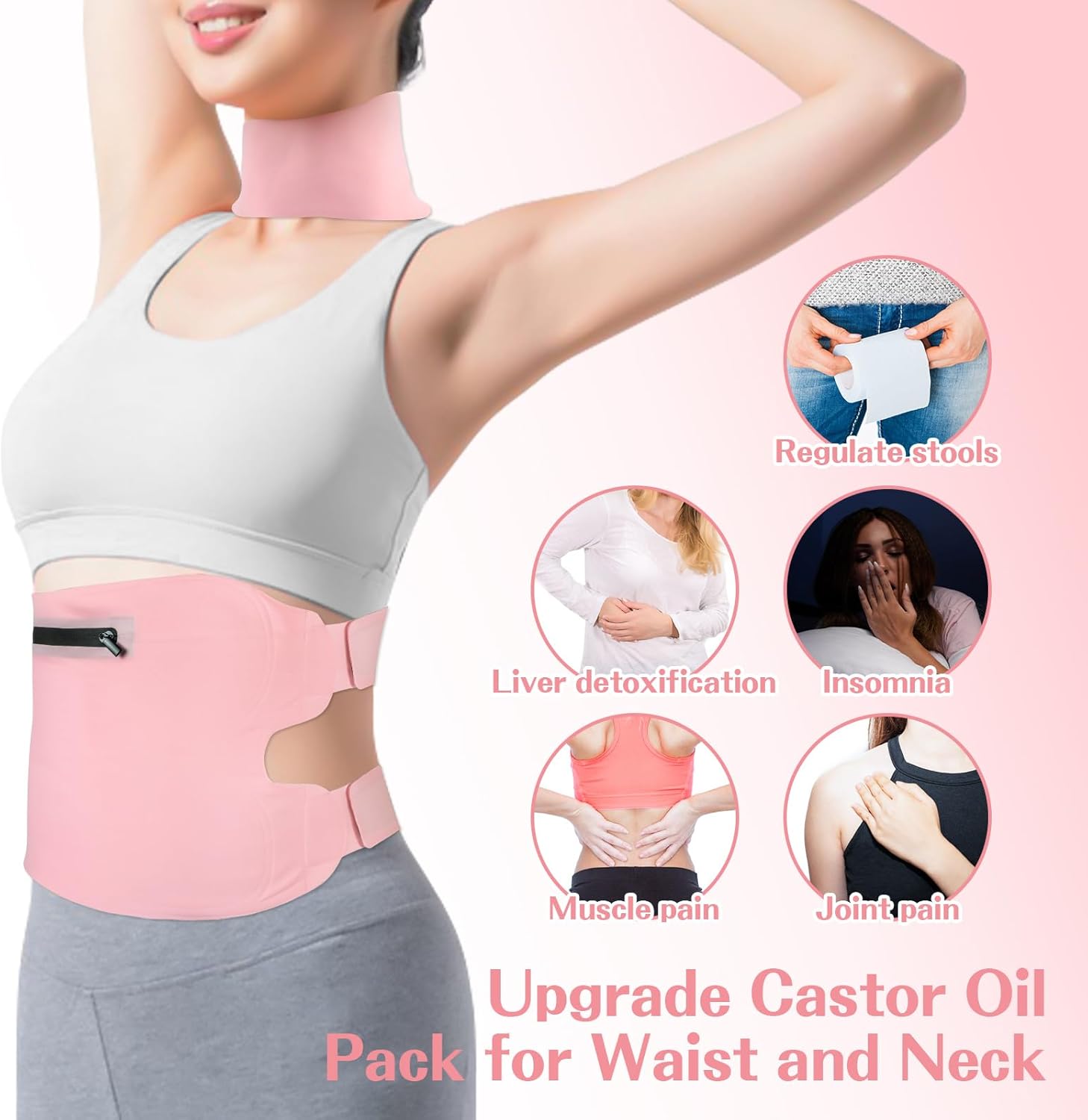 Upgrade Castor Oil Pack 3 Pcs Castor Oil Wrap Extra Plus Size Organic Reusable Kit Organic Cold Pressed Unrefined Castor Oil Compress Packs for Liver Detox Adjustable Elastic Waist and Neck Strap