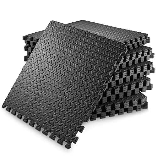 Philosophy Gym Pack of 36 Exercise Flooring Mats - 12 x 12 Inch Foam Rubber Interlocking Puzzle Floor Tiles - Black