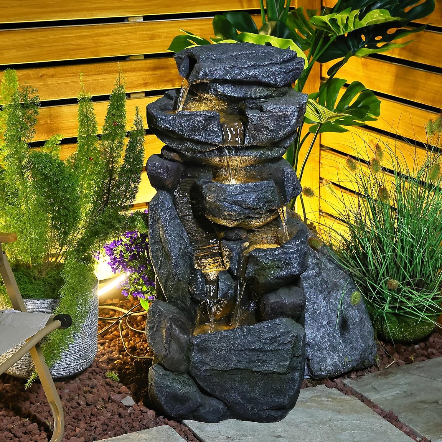 5-Tiered Rock Water Fountain Outdoor Garden - 31.5”Waterfall Fountain Outdoor Water Fountain with Light Cascading Waterfall for Patio,Garden,Grey,Resin Fountain