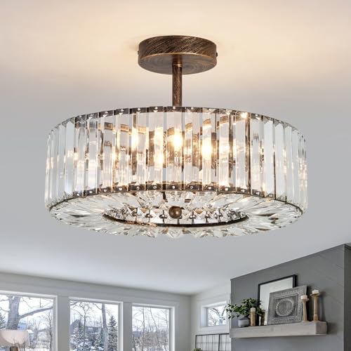 4 Lights Modern Crystal Chandelier Oil Rubbed Bronze Round Semi Flush Mount Ceiling Light Fixture Farmhouse Chandelier for Dinning Room Living Room Bedroom Hallway Entryway Kitchen