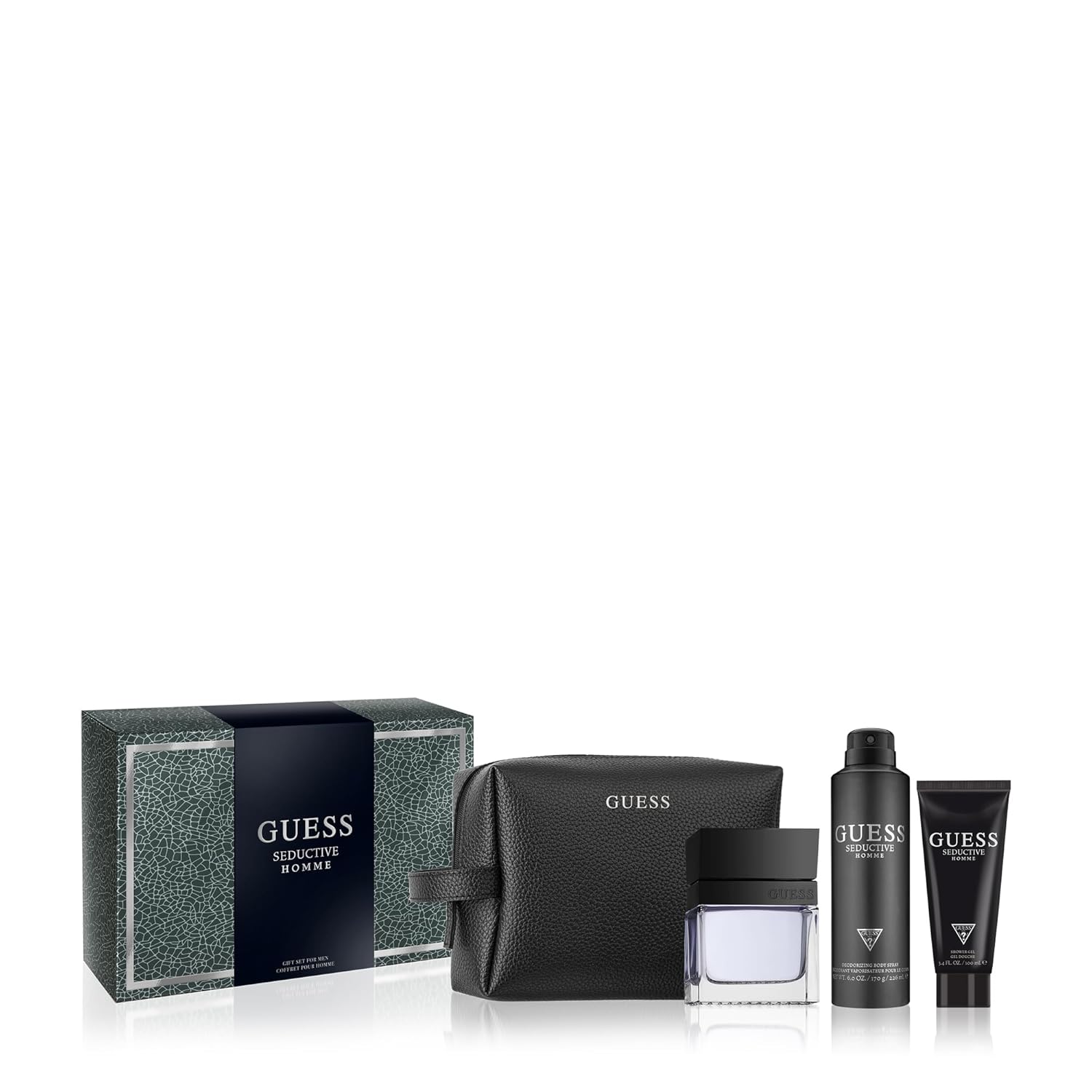 Guess Seductive Men / Homme Eau de Toilette 4 Piece Gift Set - Cologne Spray 3.4 Fl. Oz., Deodorizing Body Spray 6.0 Oz., Shower Gel 3.4 Fl. Oz., & Pouch