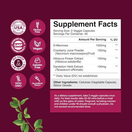 D Mannose Capsules for Urinary Tract Health - High Potency D-Mannose with Cranberry Juice Powder & Dandelion for Urinary Tract Health for Women Fast Acting Super Concentrated Cranberry - 30 Capsules
