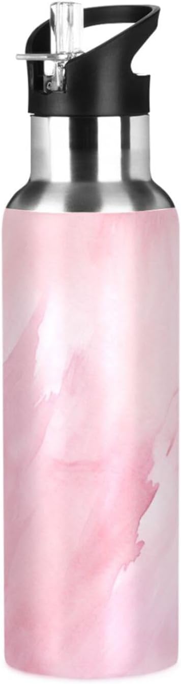 ZOEO Marble Pink Water Bottles Insulated Thermos Kids Stainless Steel Bottle with Straw Lid Flask Leakproof for Sports Gym 20 oz