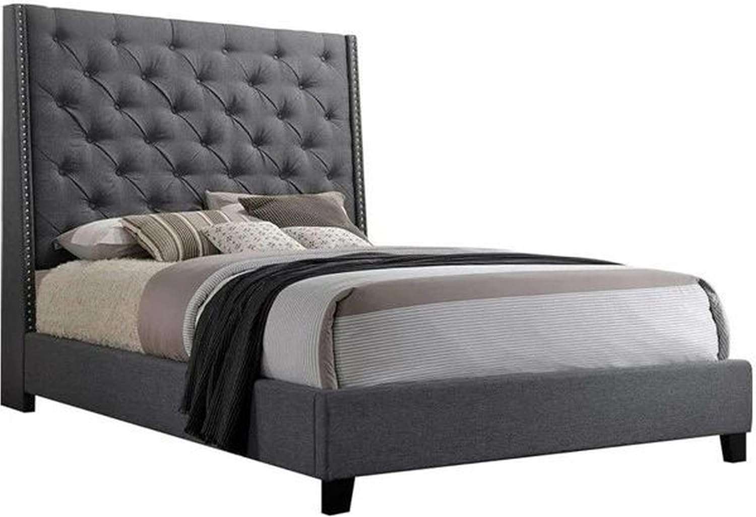 Benjara Maze Queen Size Bed, Button Tufted, Nailhead Trim, Gray Fabric Upholstery