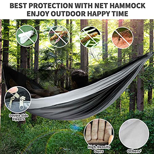 Camping Hammock - Hammocks with Mosquito Net Tent and Rain Fly Tarp, Portable Single & Double Nylon Parachute Hammock with Heavy Duty Tree Strap, Indoor Outdoor Backpacking Survival Travel