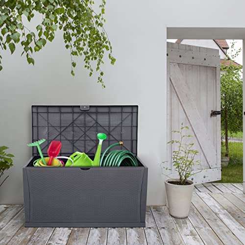 VINGLI 120 Gallon Large Deck Box Outdoor Storage Box with Lid, Plastic Patio Furniture Container Bin Rattan Grain Surface for Cushions Books Garden Tools Pool Accessories (Grey)