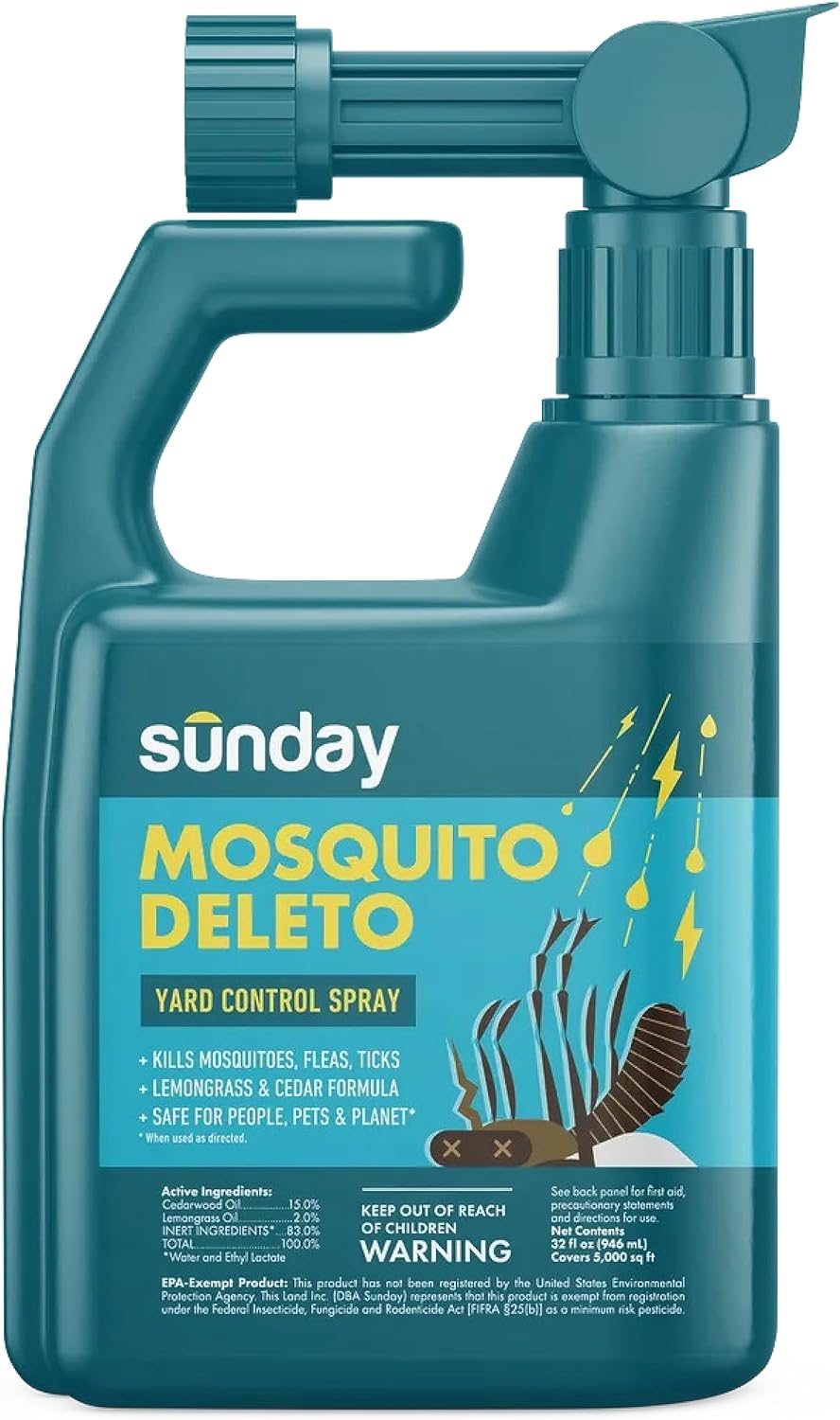 Sunday Mosquito Deleto - Mosquito Repellent & Bug Control Spray - Concentrated Lemongrass & Cedar Oils - for Mosquitoes, Fleas, & Ticks - Lasts up to 4 Weeks - Hose-On Sprayer, 32 Fl Oz