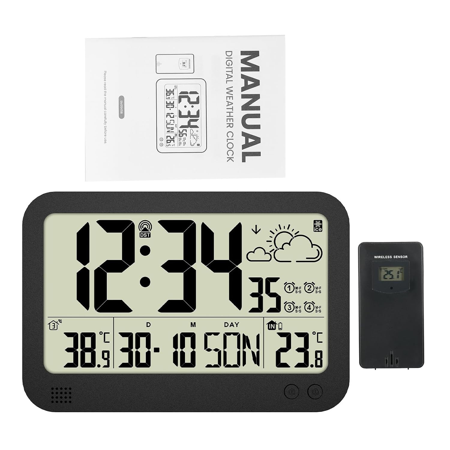 Weather Station,SIUKE Weather Station Wireless Indoor Outdoor Thermometer Temperature Humidity Monitor Adjustable with HD Large Display and Remote Sensor, Black