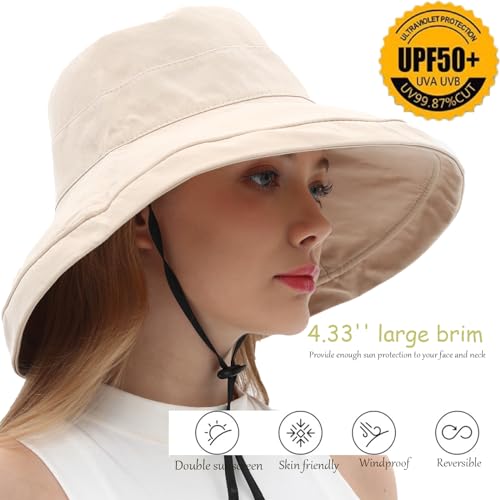 Womens Sun Hats Wide Brim Reversible Bucket Cotton Hat Packable Summer Travel Cap with Hat Clip,UV Protection