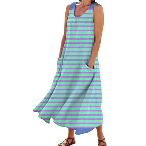 Women Casual Loose Sun Dress Women's Round Neck Casual Color Matching Striped Print Cuffless Pocket Long Vest Dress