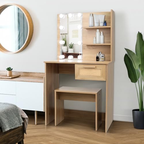 Modern Vanity Desk Sets with LED Lighted Mirror and Storage Drawers, Makeup Vanity Table with Open Shelves & Stool for Bedroom Dressing Room, White (Small Drawer White)