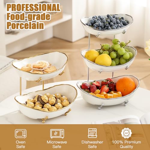 Fruit Bowl for Kitchen Counter - 3 Tier Ceramic Serving Bowls with Metal Stand, Tiered Fruit Basket for Fruit Vegetable Storage, Snack, Nuts, Cake, Dessert, Small & Cute (Gold-rimmed)