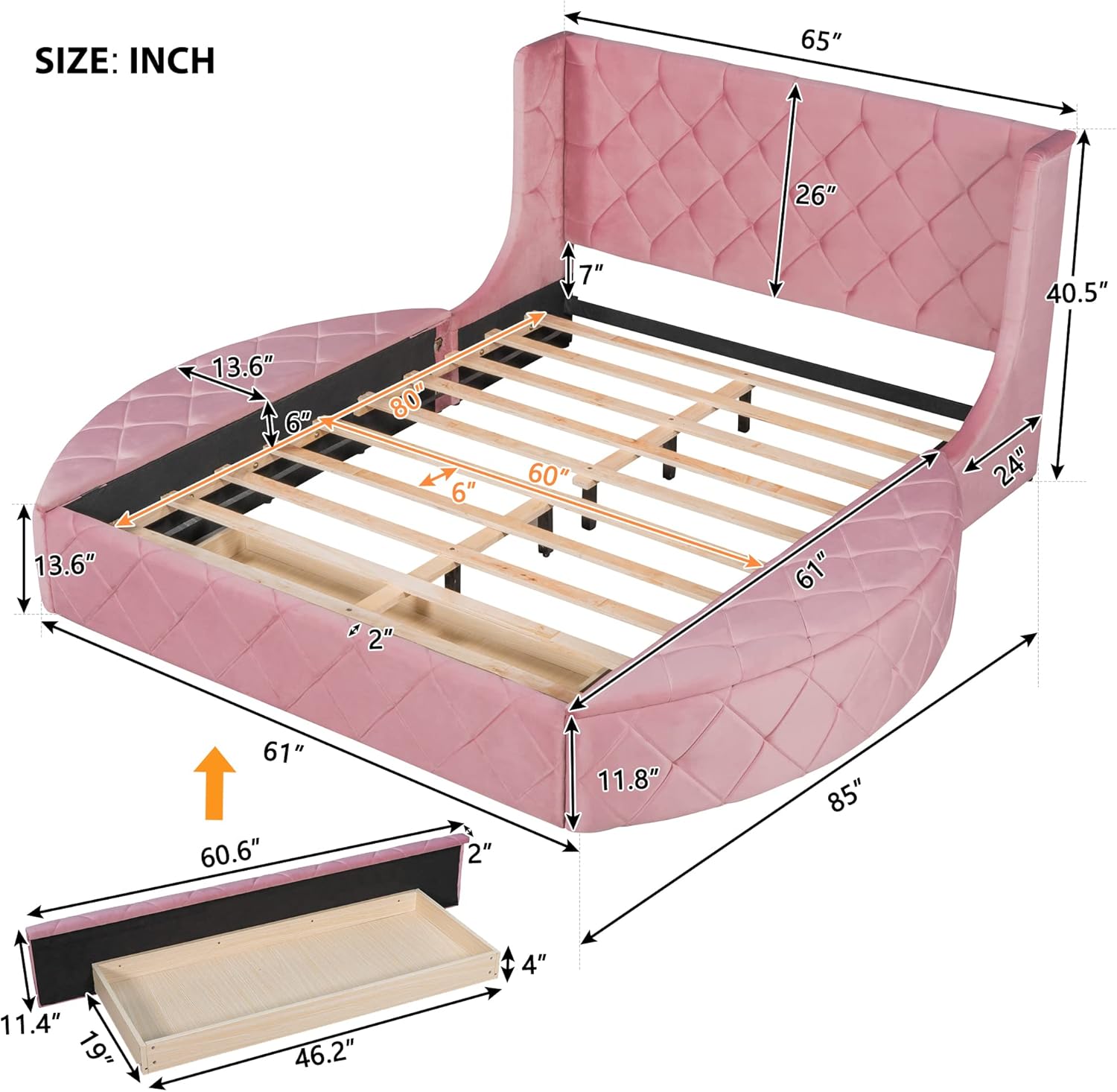 Bellemave Upholstered Queen Platform Bed with Storage, Queen Size Bed Frame with Headboard, 1 Big Drawer and 2 Side Storage Stool, Strong Wooden Slats/Easy Assembly/(Velvet),Pink & Velvet
