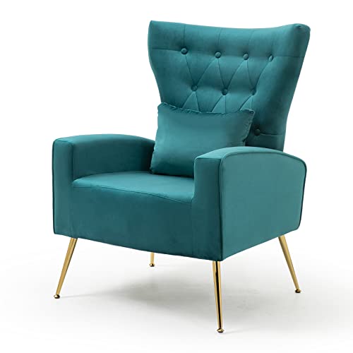 Button-Tufted Living Room Chairs Set of 2 with Lumbar Pillow, Velvet Accent Chair with High Back Mid Century ArmChair for Bedroom with Armrest, Arm Chair with Golden Metal Legs, Black