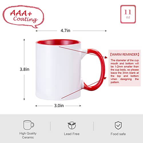 Cutiset 11 Ounce Ceramic Mug with Red Colors inside and Handle,Sublimation Mugs,White Ceramic Mug, DIY Cups, Bulk Mugs,Set of 6