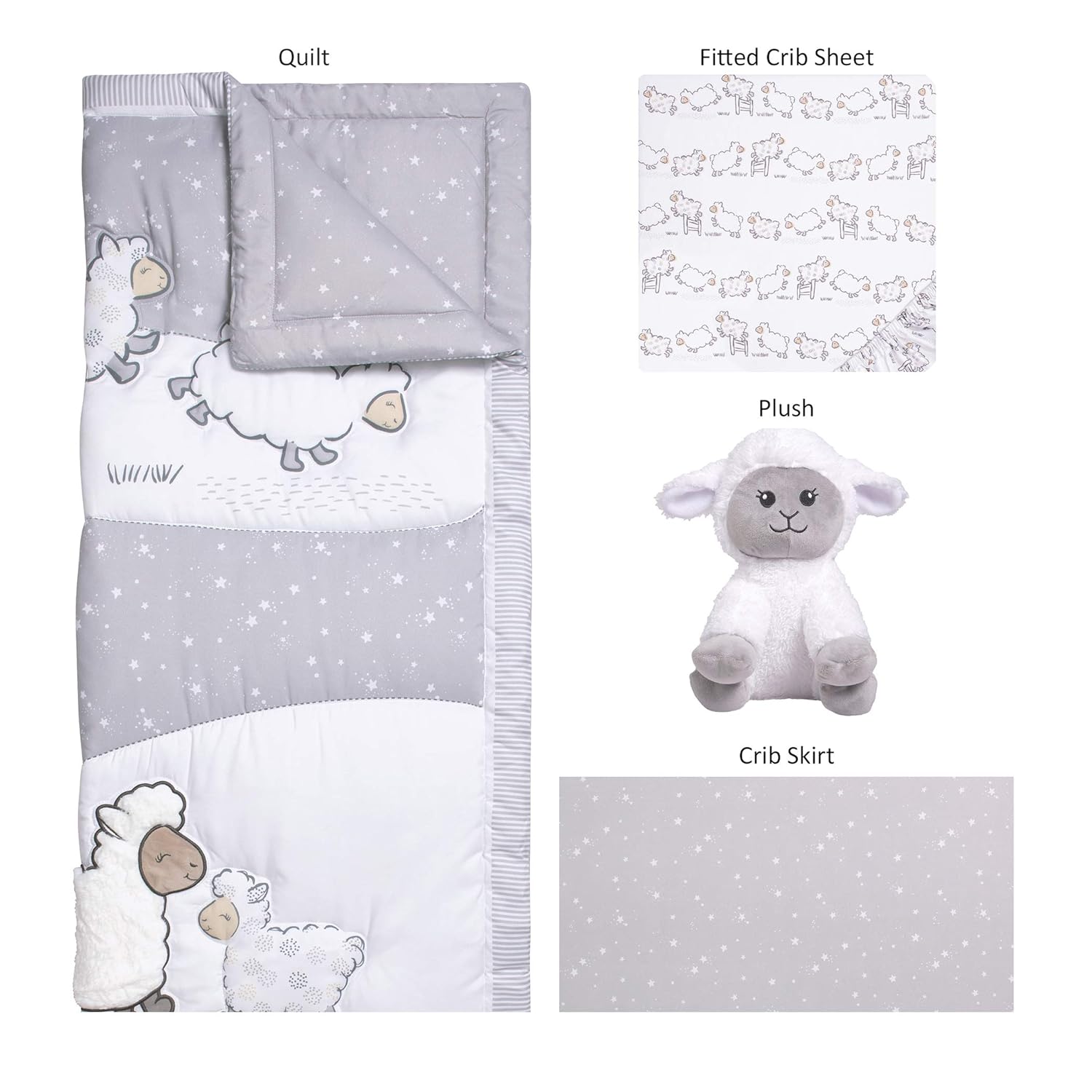 Sammy & Lou Sleepy Sheep 4-Piece Baby Crib Bedding Set, Includes Quilt, Fitted Crib Sheets Neutral, Crib Skirt, and Plush Toy