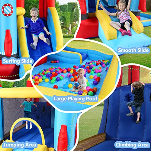 Inflatable Water Bounce House with Blower Kids Water bouncy Castle with Slide, Climbing Wall, Plash Pool, Including Carry Bag Repair Kit ((146 x 132 x 81) Castle)