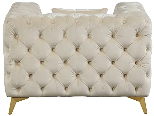 Meridian Furniture Kingdom Collection Velvet Upholstered Chair with Deep Button Tufting & Sturdy Gold Metal Legs, Cream