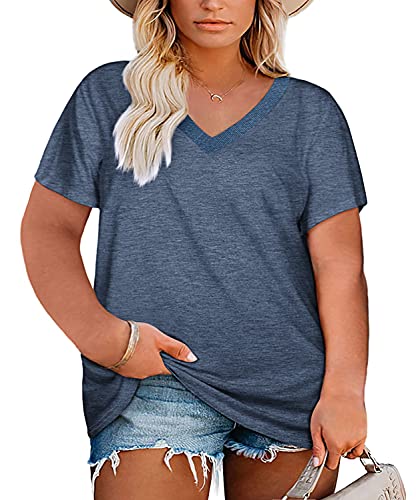 Womens Plus Size V Neck T Shirts Summer Short Sleeve Sexy Tops T-Shirts Tunic Casual Loose Fit Soft Basic Tees