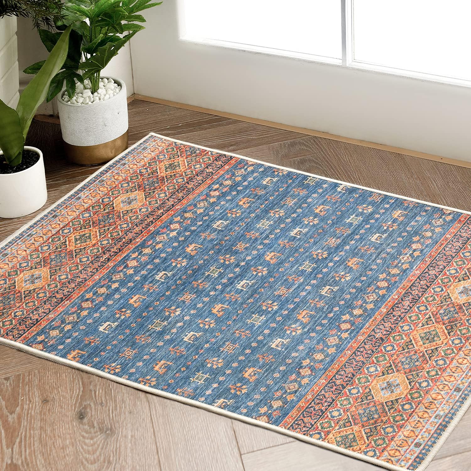 jinchan Area Rug 2x3 Washable Rug Entryway Gabbeh Rug Vintage Floor Cover Rug Indoor Entrance Mat Brick Red Blue Multi Carpet Door Mat Floral Print Thin Rug for Bedroom Kitchen Bathroom Living Room