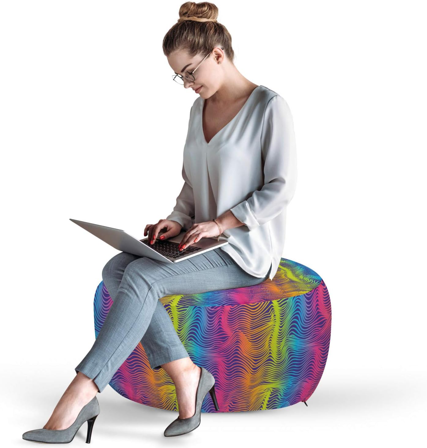 Ambesonne Colorful Pouf Cover with Zipper, Abstract Wavy Stripes in Rainbow Tones Gradient Modern Fashion Horizontal Lines, Soft Decorative Fabric Unstuffed Case, 30
