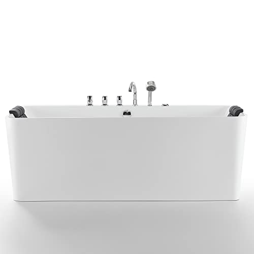 Empava 59-Inch Freestanding Whirlpool Bathtub Rectangular with 8 Hydromassage Adjustable Water Jets Luxury Acrylic Massage SPA Soaking Bath Tub Double Ended, White