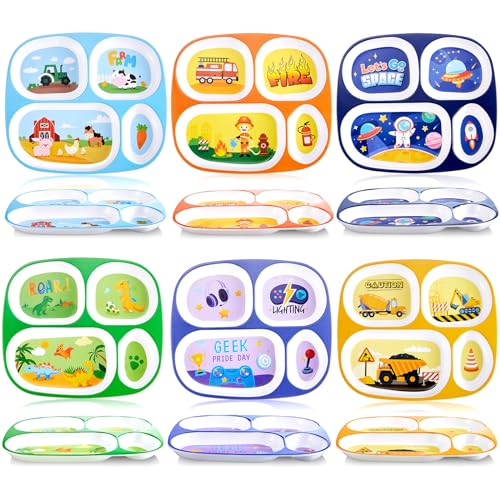 Hushee 6 Pcs 9.4 x 8.2 Inch Melamine Dinner Plate for Kids Boys Girls Dinner Plates Plastic Serving Dishes for Construction Dinosaur Firefighter Farm Animal Game Console Astronaut