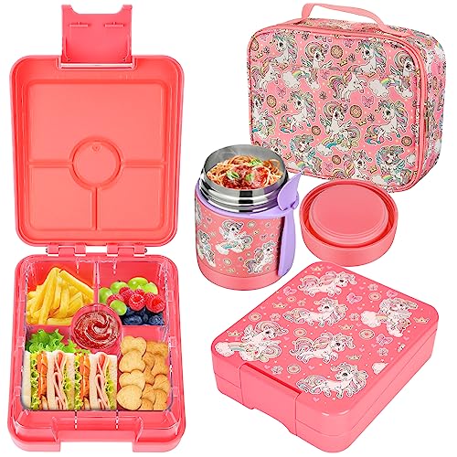 Bento Lunch Box Set for Kids with 10oz Soup Thermo, Leak-Proof Lunch Containers with 4 Compartment, Kids Thermo Hot Food Jar and Insulated Lunch Bag for Kids to School,BPA-Free(Pink)