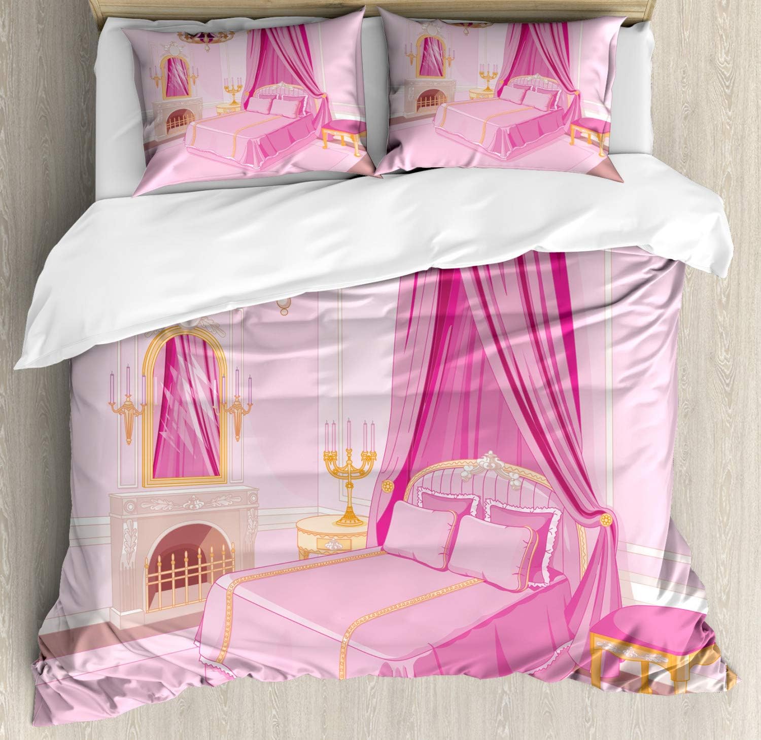Ambesonne Cartoon Duvet Cover Set, Interior of Magic Cartoon Bedroom Old Fashioned Ornament Pillow Mirror Print, Decorative 3 Piece Bedding Set with 2 Pillow Shams, Queen Size, Pink Yellow