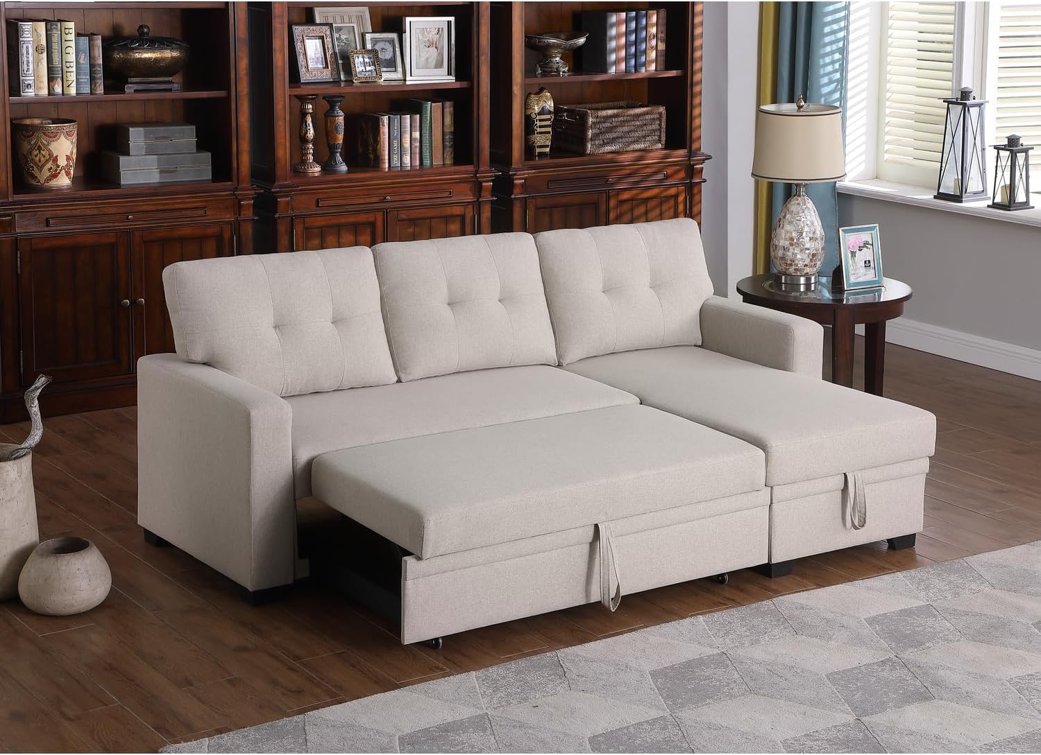 Devion Furniture Polyester Fabric Reversible Sleeper Sectional Sofa-Beige