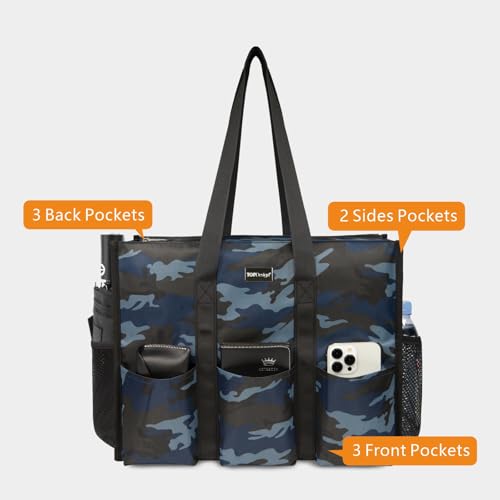 TOPDesign Utility Water Resistant Tote Bag with 13 Exterior & Interior Pockets, Top Zipper Closure & Thick Bottom Support