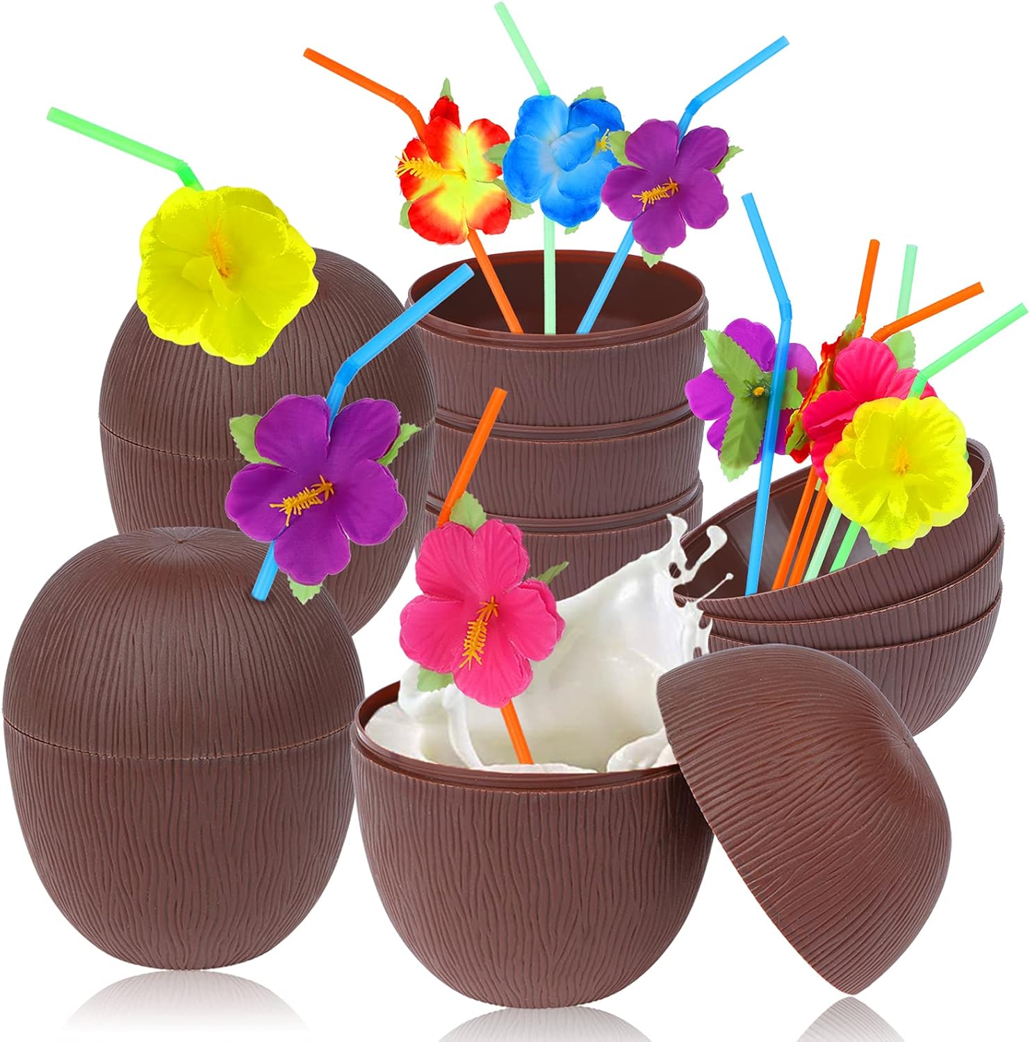 6 Pack Plastic Coconut Cup for Hawaiian Luau Party with Hibiscus Flower Straws, Fun Coconut Cups Drink Decoration for Themed Birthday Party