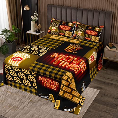 Popcorn Bedspread Old Fashion Home Decor Coverlet Set for Kids Teens Vintage Cinema Movie Theater Snacks Quilted Coverlet Camera Quilted Bedroom Decor King Size 3Pcs