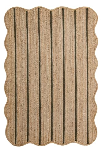 Natural Green Scallope Braided Jute Rug, Natural Bohemian Area Rug Woven Rug, Large Handmade Jute Accent Rug Soft & Comfortable Jute Living Room Rug (3x5Ft), RAJ15