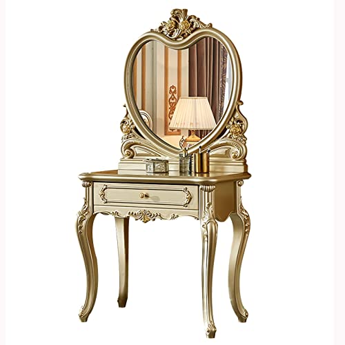 Dressing Table Dresser Table with Heart Shaped HD Mirror and 1 Drawer for Bedroom, Vanity Makeup Table for Women Girls Makeup Vanity Desk