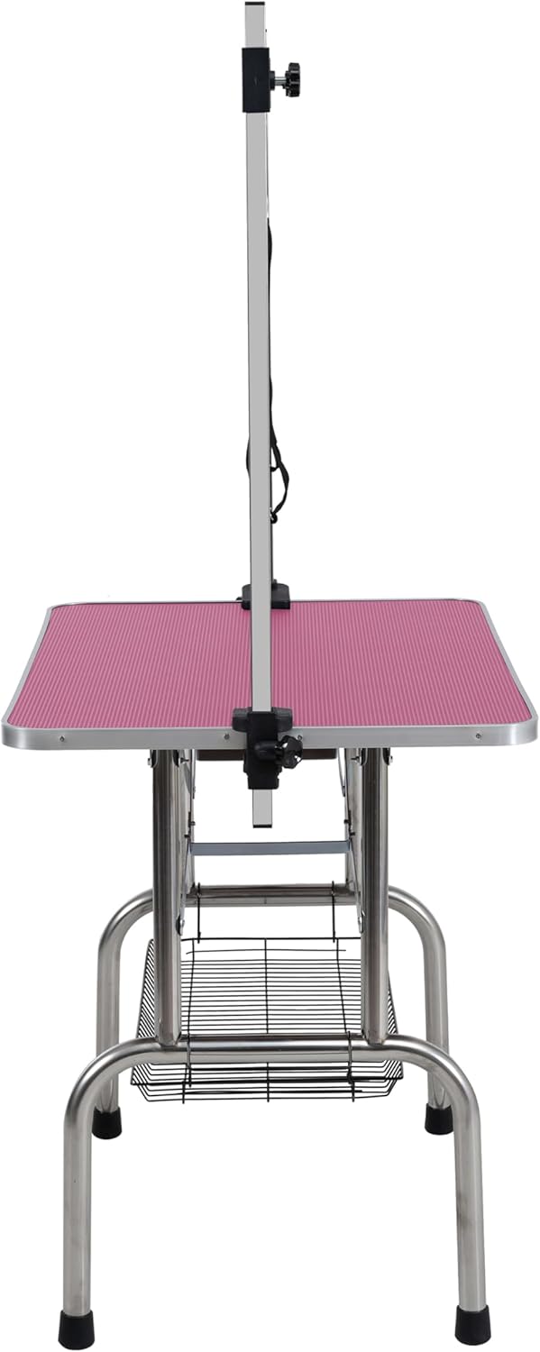 Jolly Roger 36 Inch Folding Pet Grooming Table for Small Dog Cat,Stainless Steel Frame Rubber Mat on Board,Adjustable Height,Anti-Slip Surface with Arms Nooses, Mesh Tray(Pink)