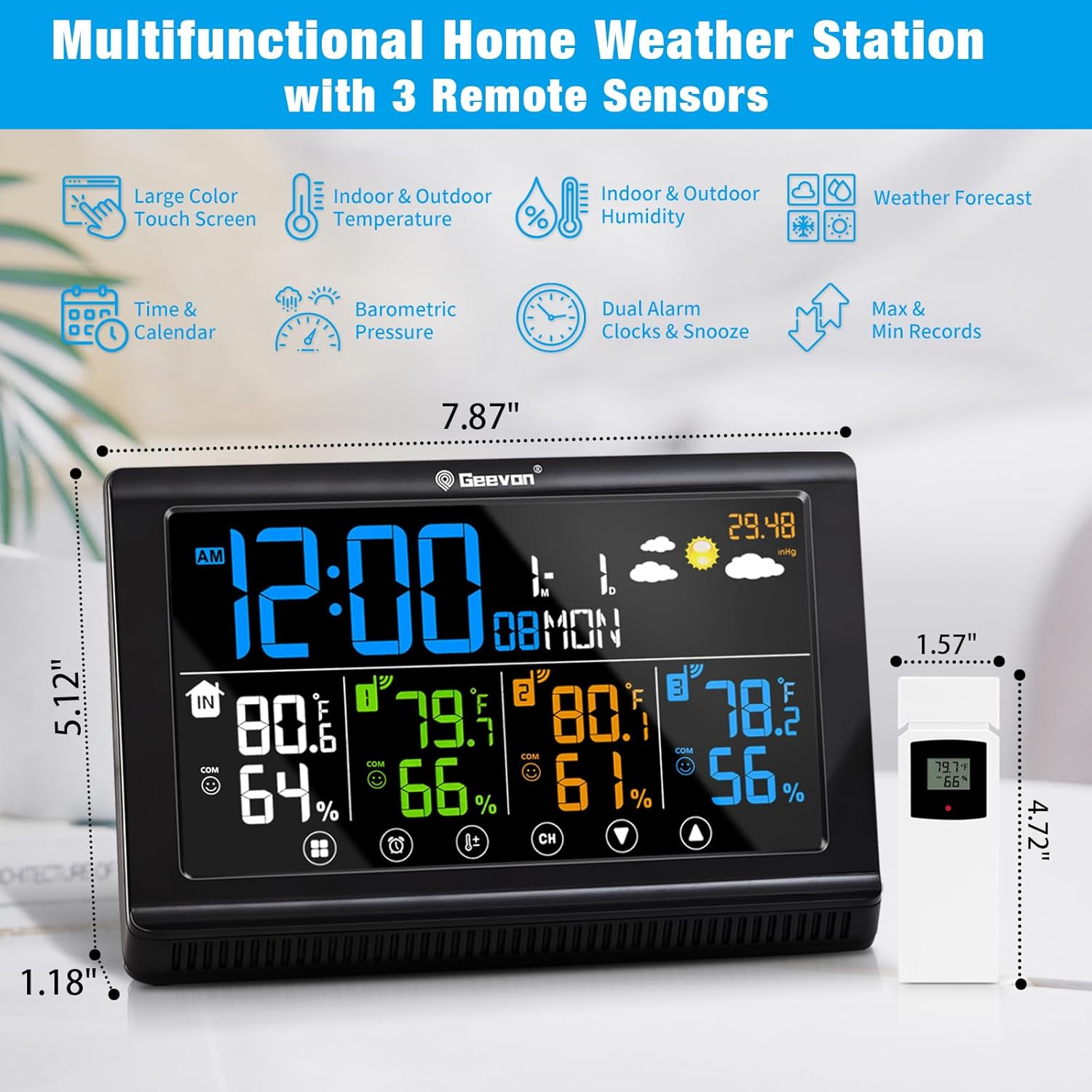 Geevon Weather Station Wireless Indoor Outdoor Thermometer 3 Sensors, Color Display Digital Temperature Humidity Monitor with Barometer, Calendar, USB Charge and Adjustable Backlight